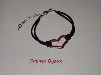 Bracelet fantaisie cœur rouge cordon noir