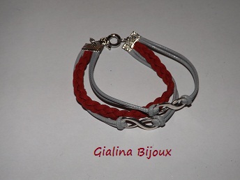 Bracelet fantaisie infini multi rangs gris et rouge