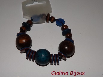 Bracelet fantaisie en bois et bouton marron et bleu