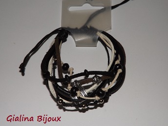 Bracelet fantaisie en métal argenté vieilli et textile 7 rangs